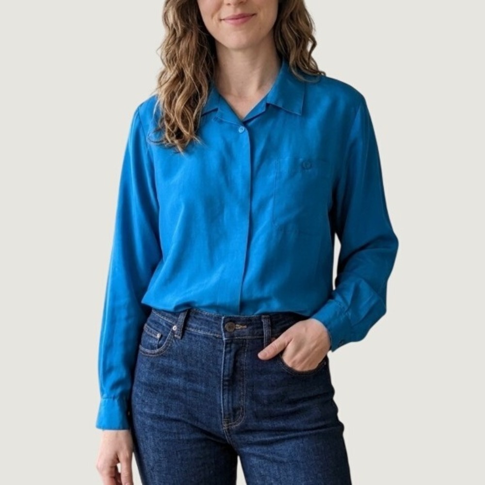 Bay Club Vintage 100% Silk Button Down Blouse Teal Blue Long Sleeve Size 12